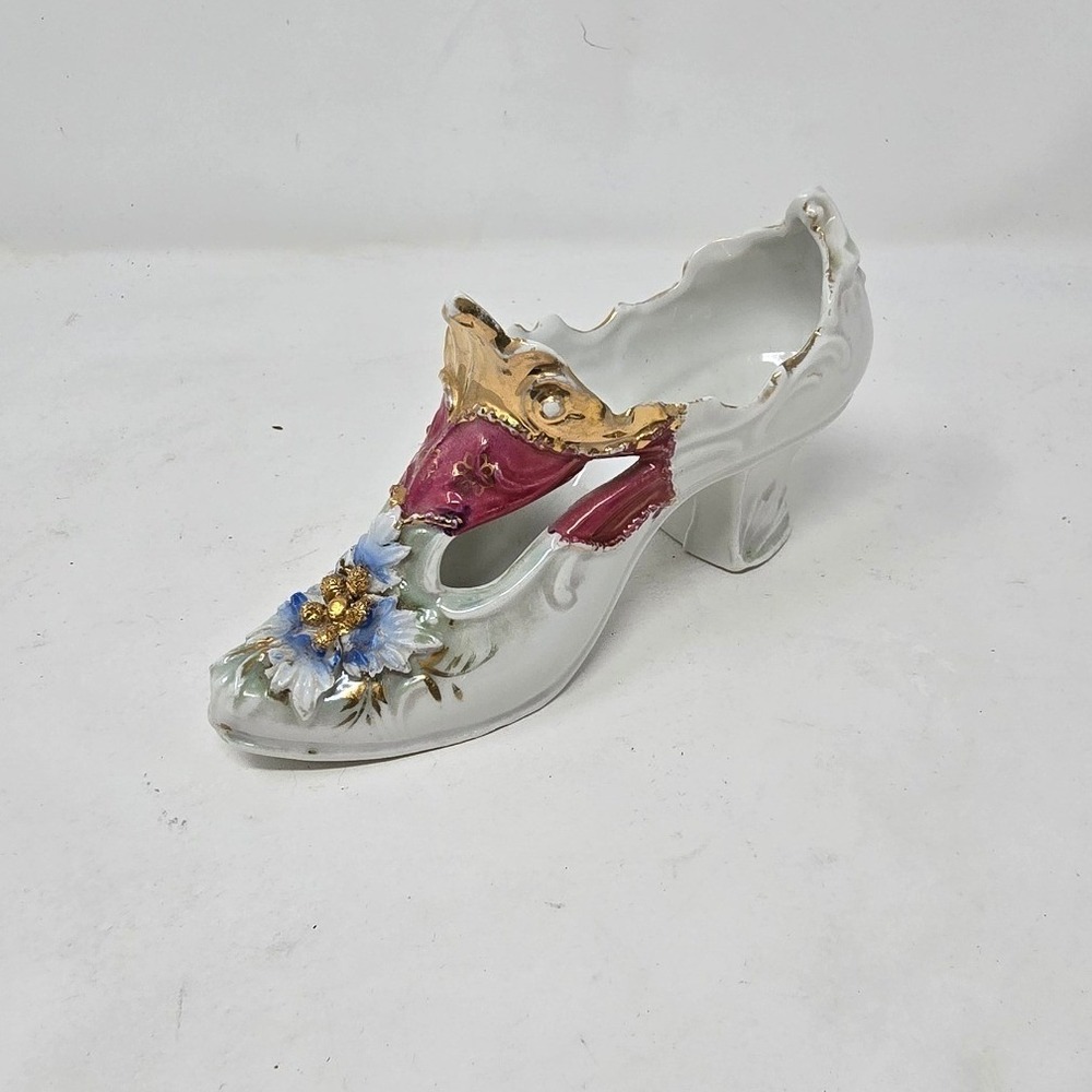 Vintage Hand Painted Porcelain Victorian Shoe Slipper Figurine Gold Gilt Ornate